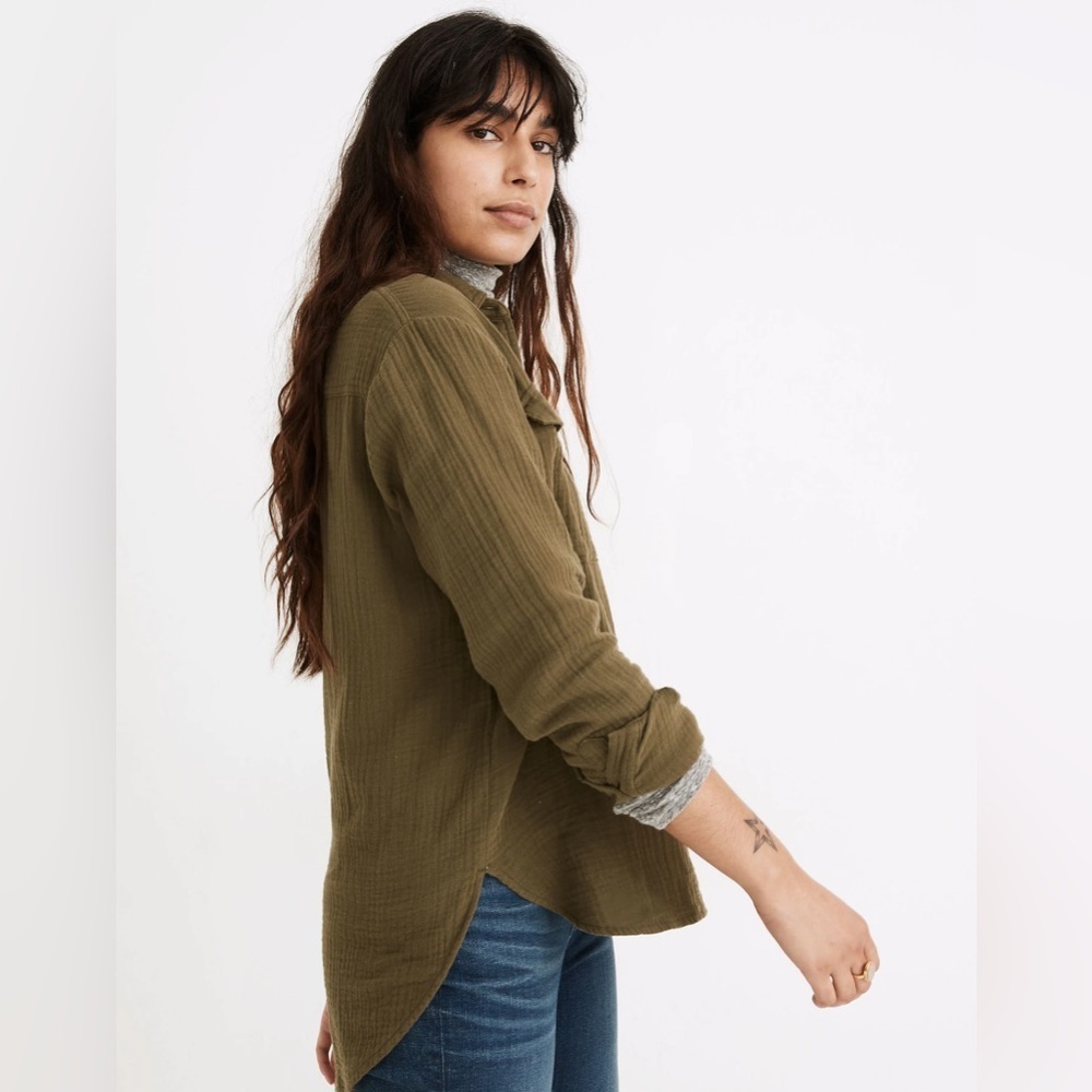 Madewell Olive Green Lightspun Flap-Pocket Oversized Ex-Boyfriend Shirt Size S - Picture 2 of 6